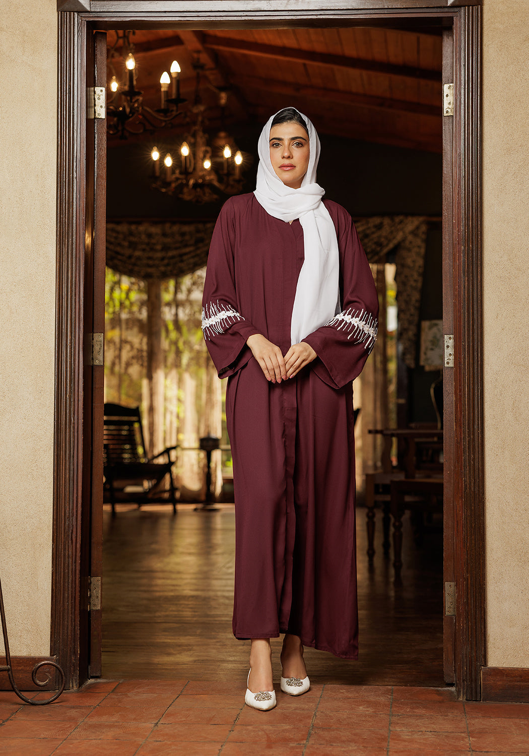 Maroon Abaya Handwork on Sleeves | Zoe