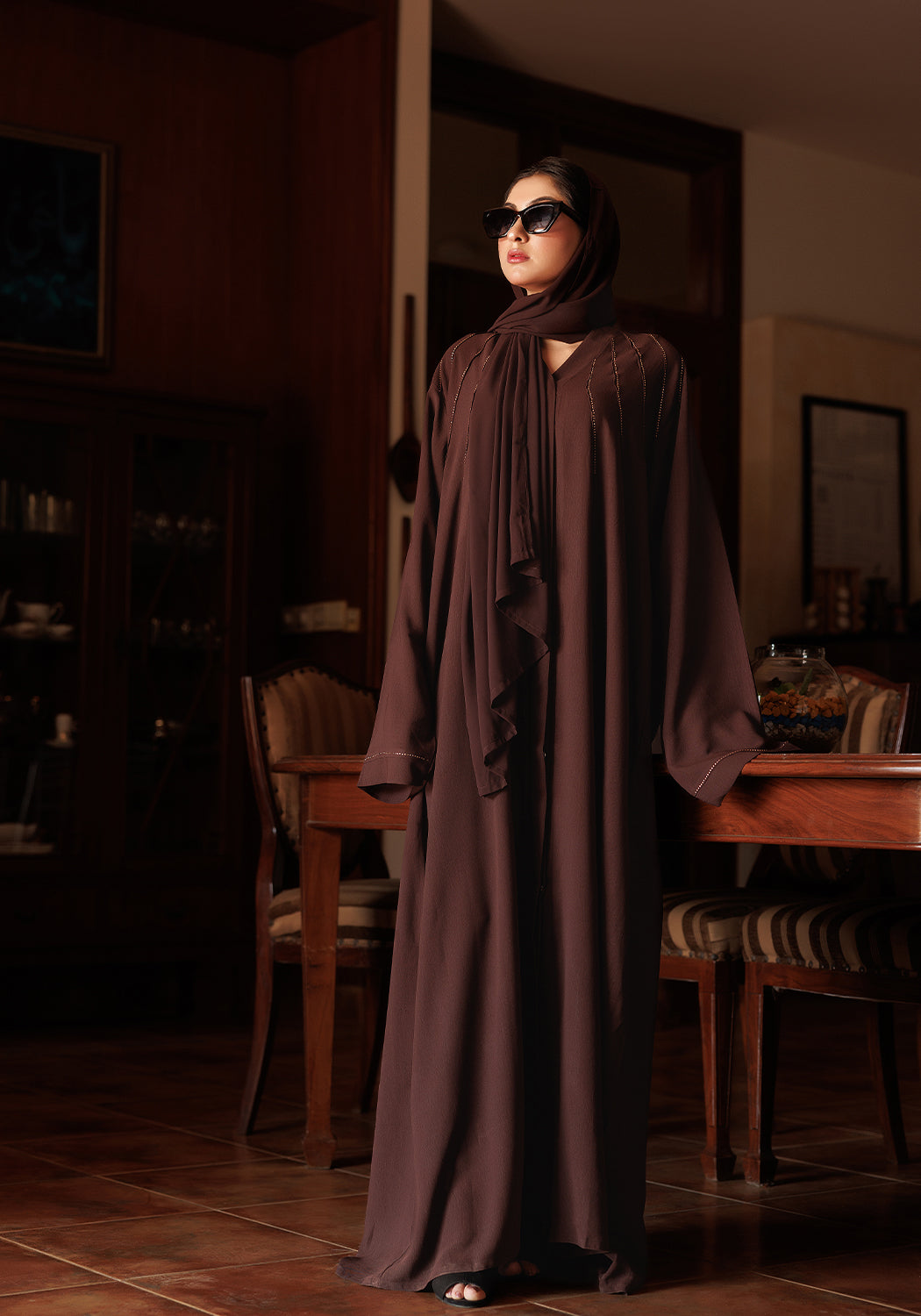 Dark Brown Pintix Stone Abaya